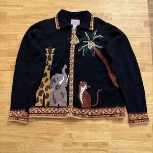 Vintage Ronnie Salloway Embellished Safari Animal Knit Cardigan Sweater size M